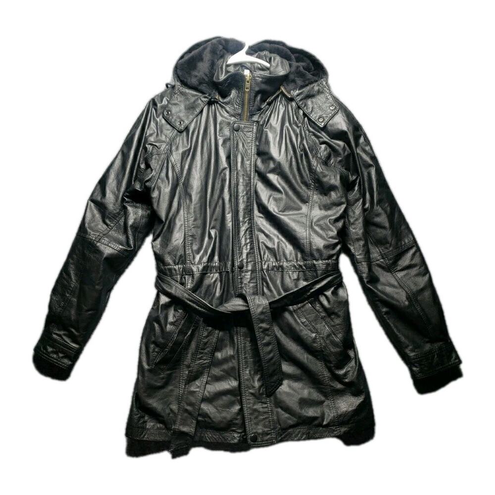 Vintage Lambskin Leather Coat Women S Black Belted Hooded Fur Lined Jacket Goth